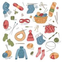 Set vector illustration elements isolated on white. Knitting tools, yarn, wools, knitting needles. Handmade knitwear and hobby concept.