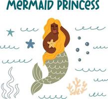 The African-American mermaid and marine life vector