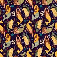Seamless pattern with mermaids and marine life vector