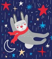 Funny rabbit in a red scarf sleeps against the background of the starry sky. Christmas greeting card with rabbit vector