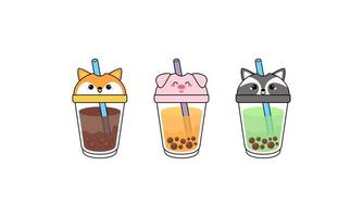 Kawai Cute Bubble Tea with Cup Animal Faces vector