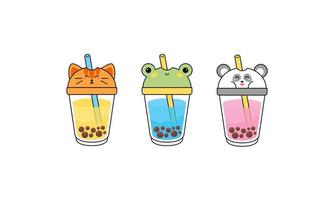 Kawai Cute Bubble Tea with Cup Animal Faces vector