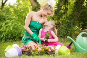 Beautiful Mother And Daughter Planting Flowers photo