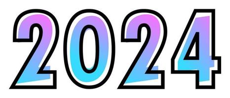 New Year 2024 design text with blue-purple gradient color and black outline vector