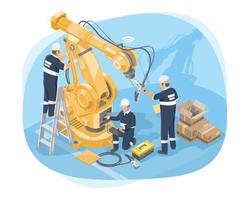 Machine installation and maintenance concept robot arm isometric for heavy load industrial yellow on white background isolated vector