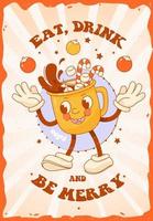 Christmas and New Year poster in retro groove style. Funny cup of Christmas cocoa with marshmallow. Vector illustration