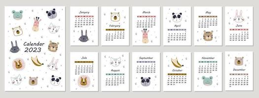 Calendar 2023 with animals. Vector illustrations