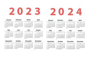 Calendar set 2023 2024 starting from Sunday. vector