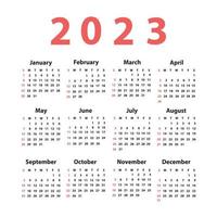 Calendar 2023 starting from Sunday. Vector