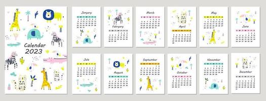Calendar 2023 with hand drawn animals. Vector illustrations