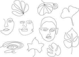 Set line art Vector illustration. Woman face, leaf line art, Black and white illustration