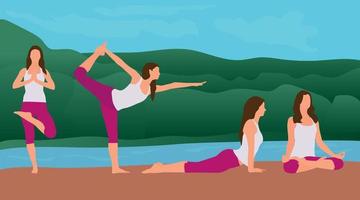 hermosa chica realizando poses de yoga y ejercitando la meditación en la mañana al lado del río y la montaña establece vector de ilustración plana