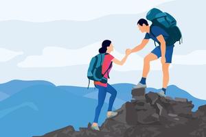 pareja joven romántica escalando montaña y niño ayudando a niña escalando montaña par de excursionistas vector de ilustración plana