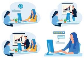 Set of people working together on project. Woman sitting work with computer. teamwork for company success flat illustration vector