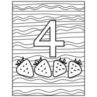 number four learning page coloring, fruit and volumetric figure with a striped background for kids activity vector