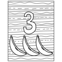 number three learning page coloring, fruit and volumetric figure with a striped background for kids activity vector