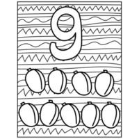 number nine learning page coloring, fruit and three-dimensional number with a striped background for kids activity vector
