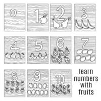 learn numbers using fruits, a set of coloring pages from zero to ten with various fruits and striped patterns vector