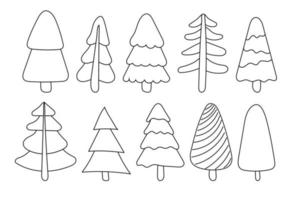 Doodle Christmas Trees. Outline fir tree hand drawn set. Simple style trees. vector