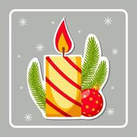 Greeting card. Christmas tree branches, burning candle and red Christmas ball. Winter sticker vector