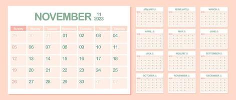 calendario de pared 2023. noviembre. semana comienza el domingo. plantilla de calendario mensual. planificador corporativo de diseño. orientación horizontal. planificación de negocios de oficina. color pastel. ilustración vectorial vector