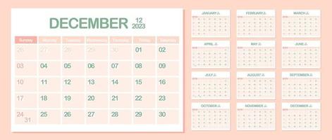 calendario de pared 2023. diciembre. semana comienza el domingo. plantilla de calendario mensual. planificador corporativo de diseño. orientación horizontal. planificación de negocios de oficina. color pastel. ilustración vectorial vector