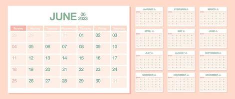 calendario de pared 2023. junio. semana comienza el domingo. plantilla de calendario mensual. planificador corporativo de diseño. orientación horizontal. planificación de negocios de oficina. color pastel. ilustración vectorial vector