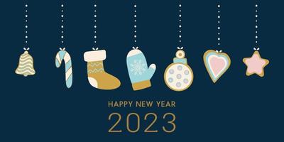 Hanging Christmas tree toys in the form of ginger cookies. Happy New Year and Christmas. Vector illustration isolated on a blue background.