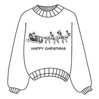 Linear winter sweater badge. Winter sweater with a pattern. Vector sleigh with reindeer, Santa Claus sleigh.Drawing in one line. Christmas element with cute reindeer. Winter sweater icon with a thin line highlighted on a white background.