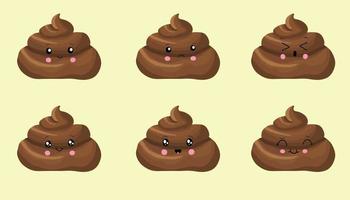 Poop cute funny excrement character cartoon emoticon set isolated on white background. Kawaii brown heap of shit emoji collection. Flat design vector clip art baby poo with faces illustration.