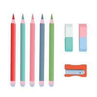 A set of multi-colored pencils, erasers and sharpeners. Vector illustration isolated on white background.