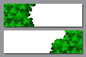 White banners with shamrock leaves. Realistic green clovers. Horizontal background. Vector illustration