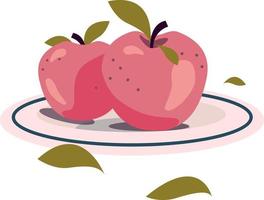 Red apples with leaves on a plate flat silhouette. Vector illustration