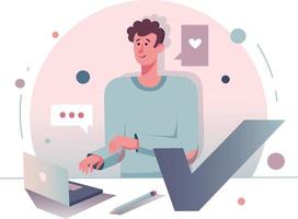 Male designer working on laptop sending message. Vector illustration