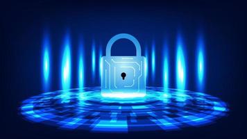 digital padlock with HUD virtual screen and blue lighting on dark background. cyber security technology and privacy data protection concept vector