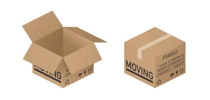 Isometric Cardboard box Isolated, Realistic. Open and closed with tape brown carton cardboard box with inscriptions Moving, Fragile, with marks Recyclable, Keep dry, Upward, Handle with care vector