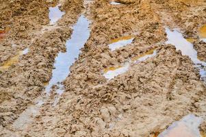 Texture of a dirty bad dirt road dirt road with puddles and clay drying mud with cracks and ruts. Off-road. The background photo