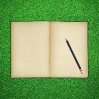 Pencil and old book open on green grass background photo