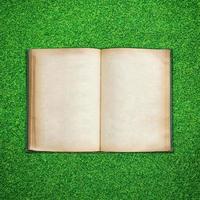 Old book open on green grass background photo