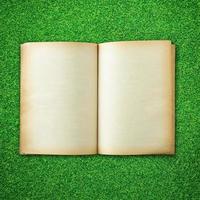 Old book open on green grass background photo