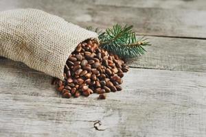 Pine nuts in a bag of burlap on an old vintage background with a fir green branch. In country style. photo