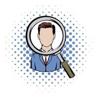 Magnifying glass focused on a person comics icon vector