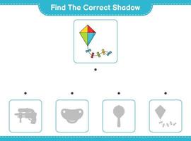 encontrar la sombra correcta. encuentra y combina la sombra correcta de la cometa. juego educativo para niños, hoja de cálculo imprimible, ilustración vectorial vector