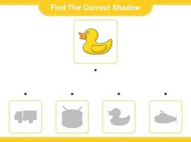 Find the correct shadow. Find and match the correct shadow of Rubber Duck. Educational children game, printable worksheet, vector illustration