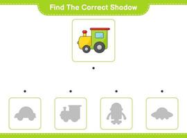 encontrar la sombra correcta. encuentra y combina la sombra correcta del tren. juego educativo para niños, hoja de cálculo imprimible, ilustración vectorial vector