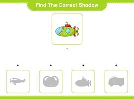 encontrar la sombra correcta. encuentra y combina la sombra correcta del submarino. juego educativo para niños, hoja de cálculo imprimible, ilustración vectorial vector