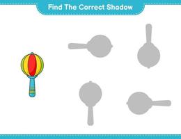 encontrar la sombra correcta. encuentra y combina la sombra correcta del sonajero. juego educativo para niños, hoja de cálculo imprimible, ilustración vectorial vector