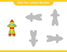 encontrar la sombra correcta. encuentra y combina la sombra correcta del cohete. juego educativo para niños, hoja de cálculo imprimible, ilustración vectorial vector