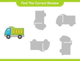 Find the correct shadow. Find and match the correct shadow of Lorry. Educational children game, printable worksheet, vector illustration