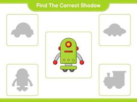 encontrar la sombra correcta. encuentra y combina la sombra correcta del personaje del robot. juego educativo para niños, hoja de cálculo imprimible, ilustración vectorial vector